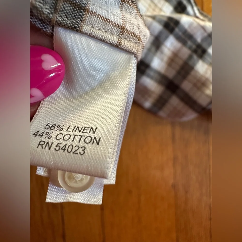 Banana Republic Tan & Cream Plaid Linen & Cotton Tailored Slim Fit Button-Up, S